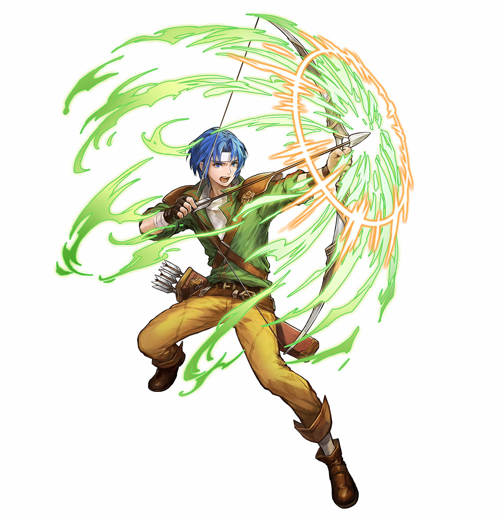 1boy armor arrow_(projectile) blue_eyes blue_hair bow_(weapon) brown_footwear clenched_hand fire_emblem fire_emblem:_thracia_776 fire_emblem_heroes full_body green_shirt headband holding holding_bow_(weapon) holding_weapon official_art open_mouth pants pauldrons quiver ronan_(fire_emblem) shirt shoulder_armor uroko_(mnr) weapon white_headband