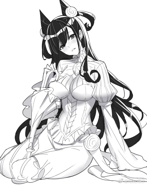 1girl bangs blush breasts closed_umbrella dress fate/grand_order fate_(series) greyscale hair_between_eyes hair_ornament head_tilt large_breasts long_hair long_sleeves looking_at_viewer monochrome murasaki_shikibu_(fate) parted_lips puffy_short_sleeves puffy_sleeves ririko_(zhuoyandesailaer) short_over_long_sleeves short_sleeves simple_background sitting solo two_side_up umbrella very_long_hair white_background wide_sleeves yokozuwari