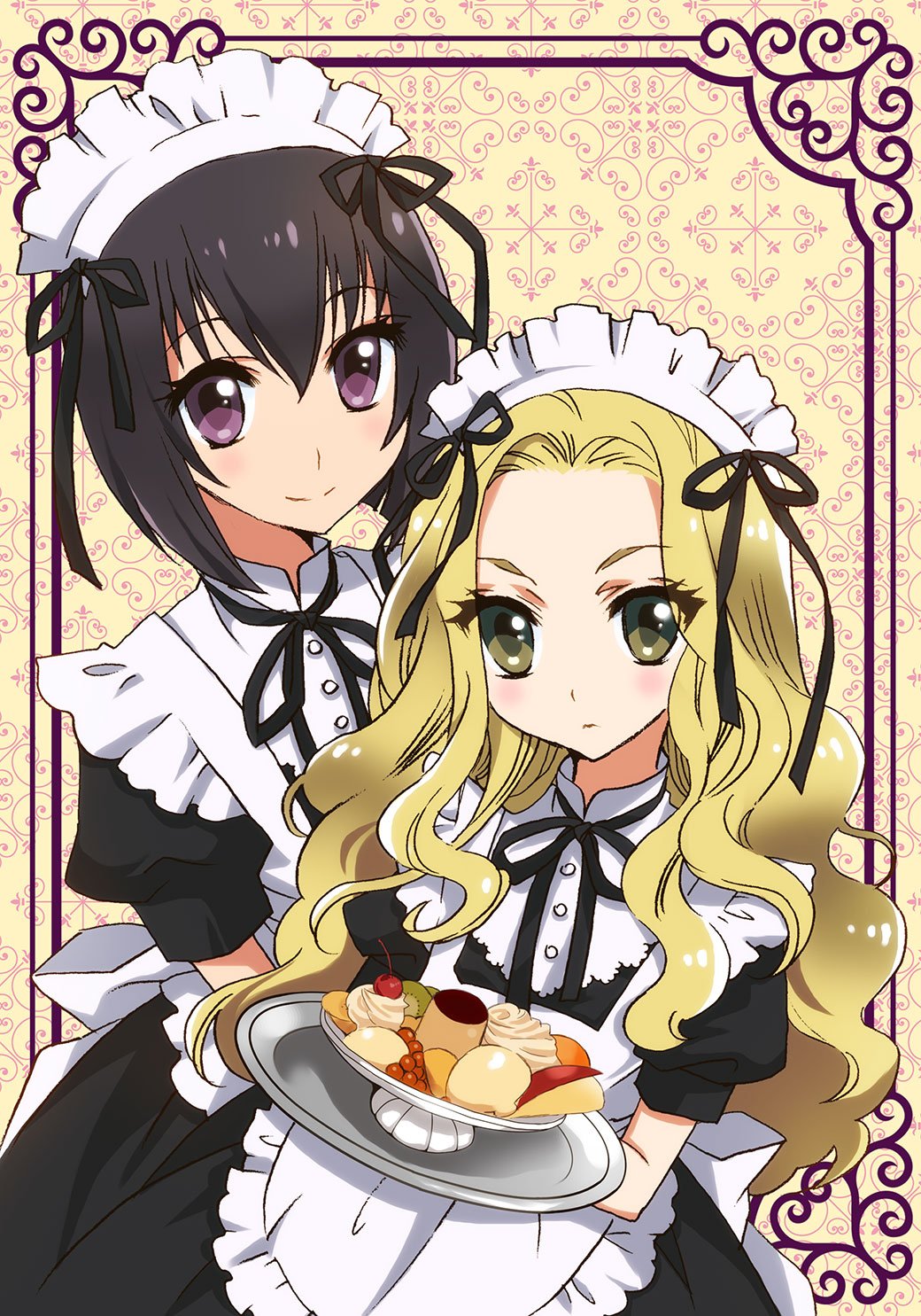 2girls alternate_costume alternate_hair_color apron bangs black_dress black_hair blonde_hair bob_cut child curly_hair dress eyelashes food frills green_eyes high_collar highres holding kinoshita_sakura long_hair looking_at_viewer maid maid_apron maid_headdress multiple_girls official_art puffy_sleeves ribbon rosalie_(tactics) short_hair short_sleeves smile tactics very_long_hair violet_eyes youko_(tactics)