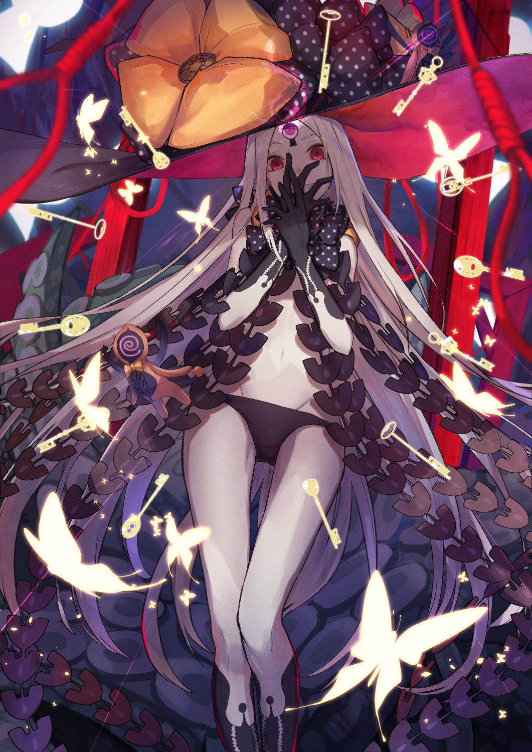 1girl abigail_williams_(fate/grand_order) bangs black_bow black_gloves black_headwear black_legwear black_panties bow buttons commentary_request eisuto elbow_gloves evil_grin evil_smile fate/grand_order fate_(series) gloves grin groin hat hat_bow head_tilt highres key kneehighs long_hair looking_at_viewer navel orange_bow pale_skin panties parted_bangs red_eyes revealing_clothes sharp_teeth smile solo suction_cups teeth tentacles topless underwear very_long_hair white_hair witch_hat