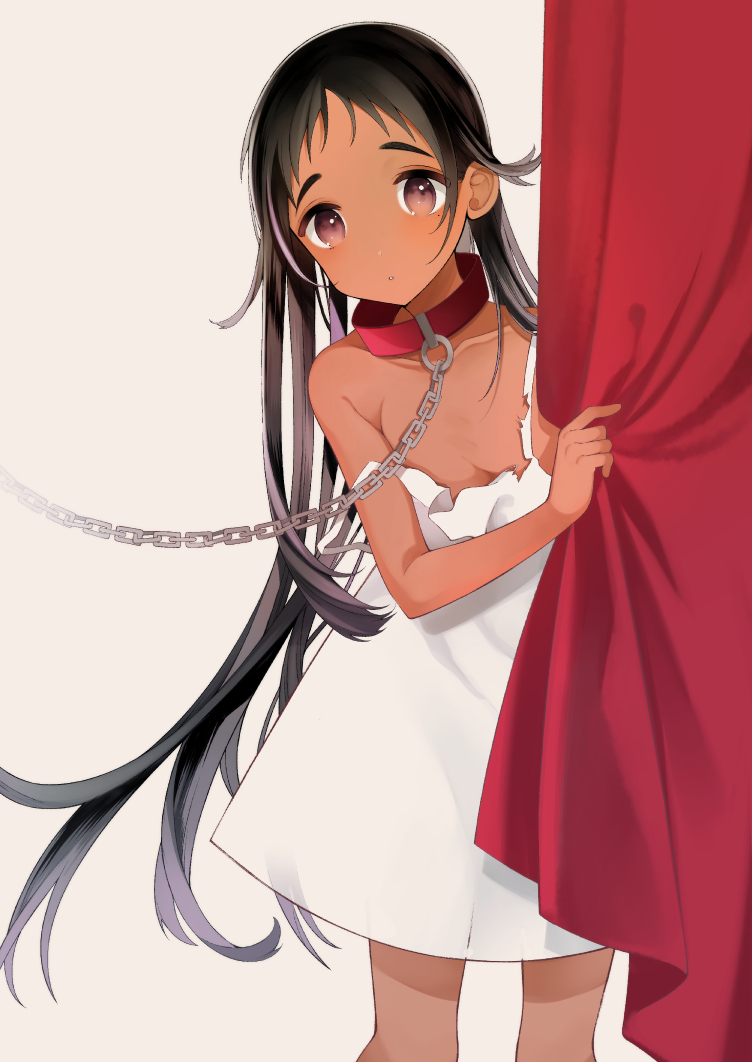 1boy bare_arms bare_shoulders black_hair brown_eyes chain collar collarbone commentary curtain_grab curtains dark_skin dress long_hair looking_at_viewer mole mole_under_eye original otoko_no_ko red_curtains sakiyo_cake simple_background solo strap_slip torn_clothes torn_dress very_long_hair white_background white_dress