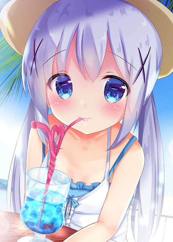 1girl bangs bare_arms bare_shoulders blue_eyes blue_hair blue_sky blush brown_headwear closed_mouth collarbone commentary_request crazy_straw cup day dress drink drinking_glass drinking_straw eyebrows_visible_through_hair gochuumon_wa_usagi_desu_ka? hair_between_eyes hair_ornament hat heart_straw kafuu_chino long_hair outdoors palm_tree rikatan sky sleeveless sleeveless_dress smile solo sun_hat table tree very_long_hair white_dress x_hair_ornament