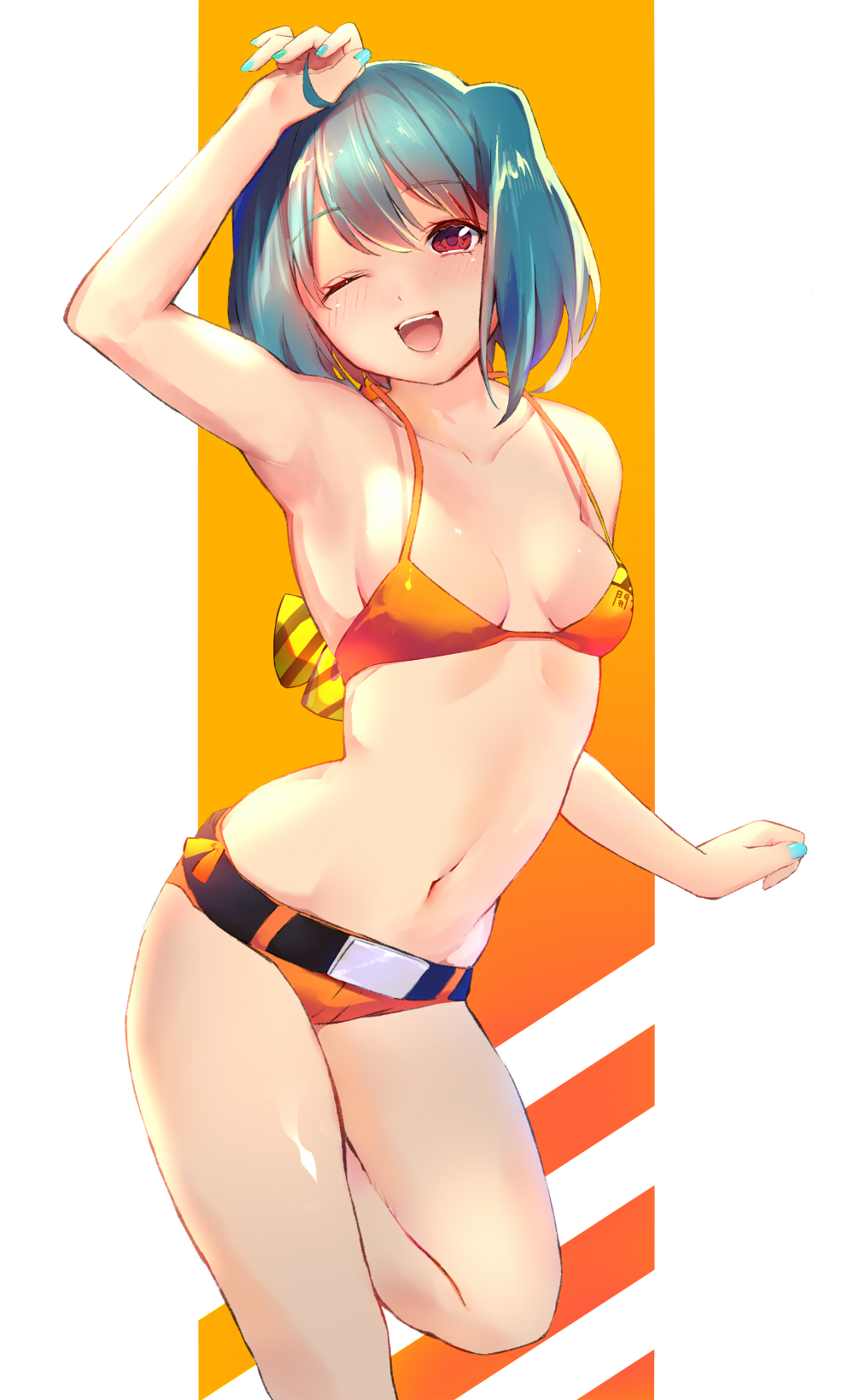 1girl ;d ahoge aqua_nails arm_up armpits bare_arms bare_legs bare_shoulders bikini bikini_top blush breasts collarbone green_hair highres legs looking_at_viewer macross macross_frontier micro_shorts nail_polish navel one_eye_closed open_mouth ranka_lee red_eyes shiny shiny_skin shiromonefu short_hair shorts small_breasts smile solo stomach strap_gap swimsuit