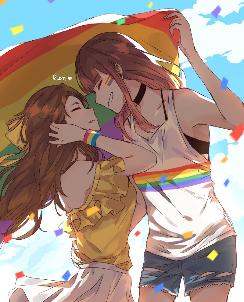 2girls armband artist_name artist_request brown_hair choker closed_eyes couple english_commentary hair_ribbon multiple_girls original rainbow_flag ribbon smile wind yuri