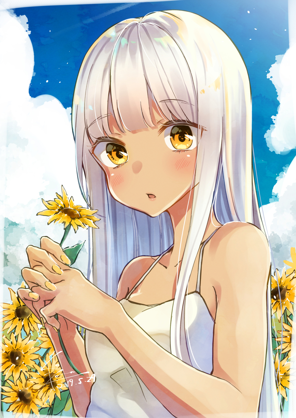 1girl bangs bare_arms bare_shoulders blue_sky blush breasts clouds collarbone commentary dated day eyebrows_visible_through_hair fingernails flower highres holding holding_flower kodama_(koda_mat) long_hair looking_at_viewer nail_polish original outdoors parted_lips signature sky sleeveless small_breasts solo sunflower upper_body white_hair yellow_eyes yellow_nails