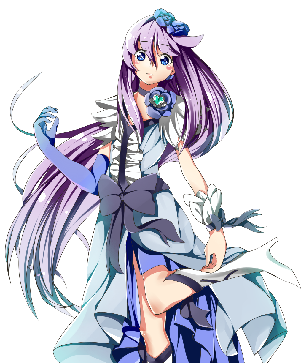 1girl black_bow blue_dress blue_eyes blue_flower blue_gloves boots bow choker cure_moonlight dress elbow_gloves eyebrows_visible_through_hair floating_hair flower gloves hair_between_eyes hair_flower hair_ornament heartcatch_precure! high_heel_boots high_heels highres knee_boots long_dress long_hair looking_at_viewer precure purple_hair shiny shiny_hair simple_background single_glove smile solo standing standing_on_one_leg tsukikage_yuri very_long_hair white_background white_footwear yuutarou_(fukiiincho)