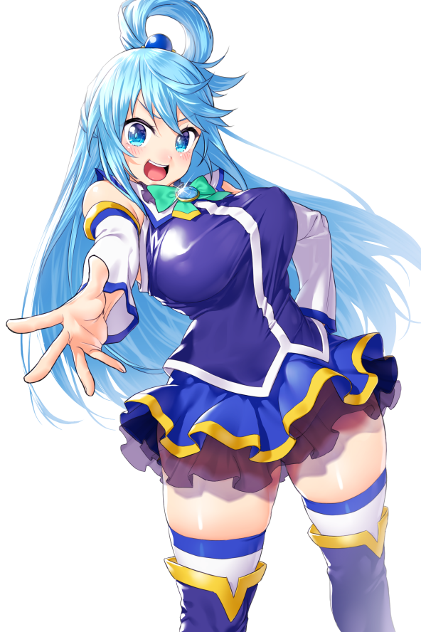 1girl aqua_(konosuba) bare_shoulders blue_eyes blue_footwear blue_hair blush boots bow breasts commentary_request detached_sleeves eyebrows_visible_through_hair green_bow hair_between_eyes hair_ornament hair_rings kono_subarashii_sekai_ni_shukufuku_wo! large_breasts long_hair looking_at_viewer no_panties onsoku_maru open_mouth see-through simple_background skirt solo thigh-highs thigh_boots very_long_hair white_background white_sleeves