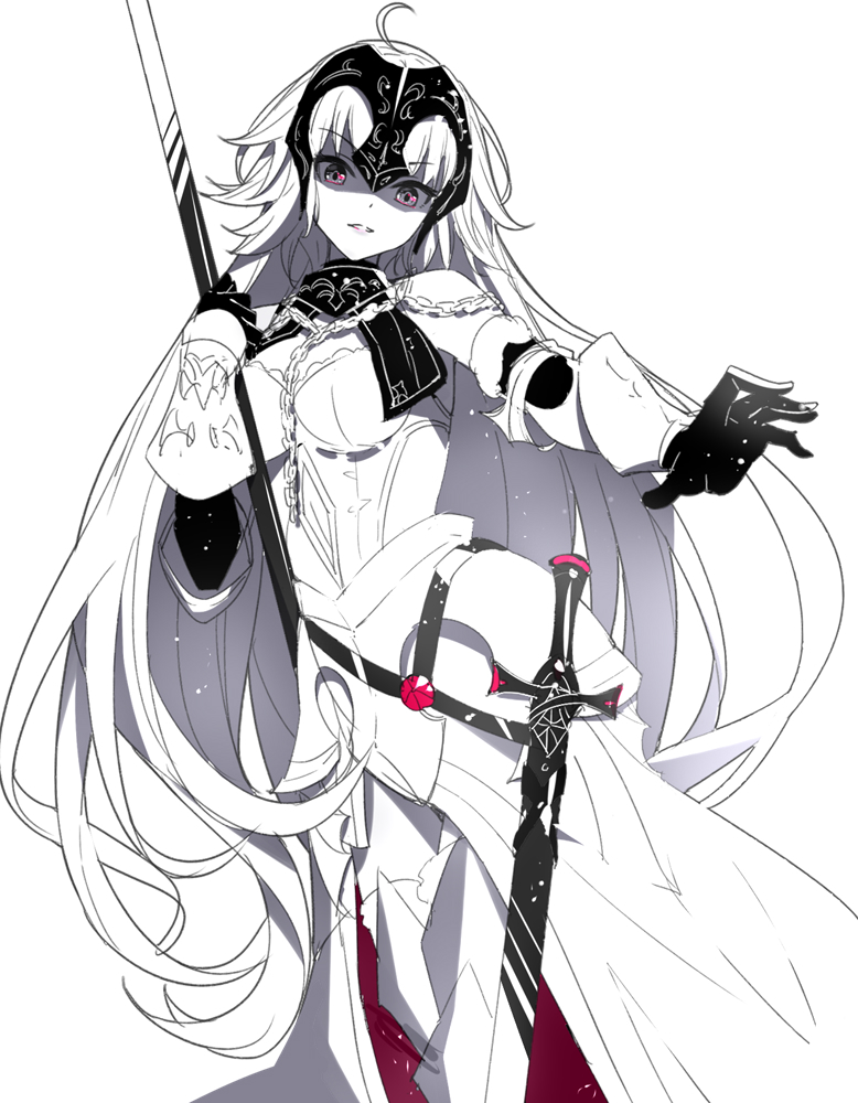 1girl ahoge armor armored_dress bangs bare_shoulders breasts chain eyebrows_visible_through_hair fate/grand_order fate_(series) gloves grey_eyes greyscale head_tilt headpiece jeanne_d'arc_(alter)_(fate) jeanne_d'arc_(fate)_(all) long_hair medium_breasts monochrome parted_lips ririko_(zhuoyandesailaer) sheath sheathed simple_background solo spot_color sword v-shaped_eyebrows vambraces very_long_hair weapon white_background