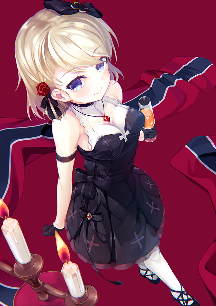 1girl alternate_costume arm_garter azur_lane bare_shoulders black_bow black_dress black_footwear black_gloves black_ribbon blonde_hair blush bow breasts burning candelabra candle champagne_flute closed_mouth commentary_request cup dress drinking_glass eyebrows_visible_through_hair fire flower from_above gloves hair_bow hair_flower hair_ornament hair_ribbon half_gloves holding holding_cup hurricane_glass iron_cross jewelry kurenai_musume looking_at_viewer looking_up medium_breasts necklace pleated_dress red_flower red_rose ribbon rose ruby_(gemstone) short_hair sleeveless sleeveless_dress smile solo standing violet_eyes white_legwear z23_(azur_lane)