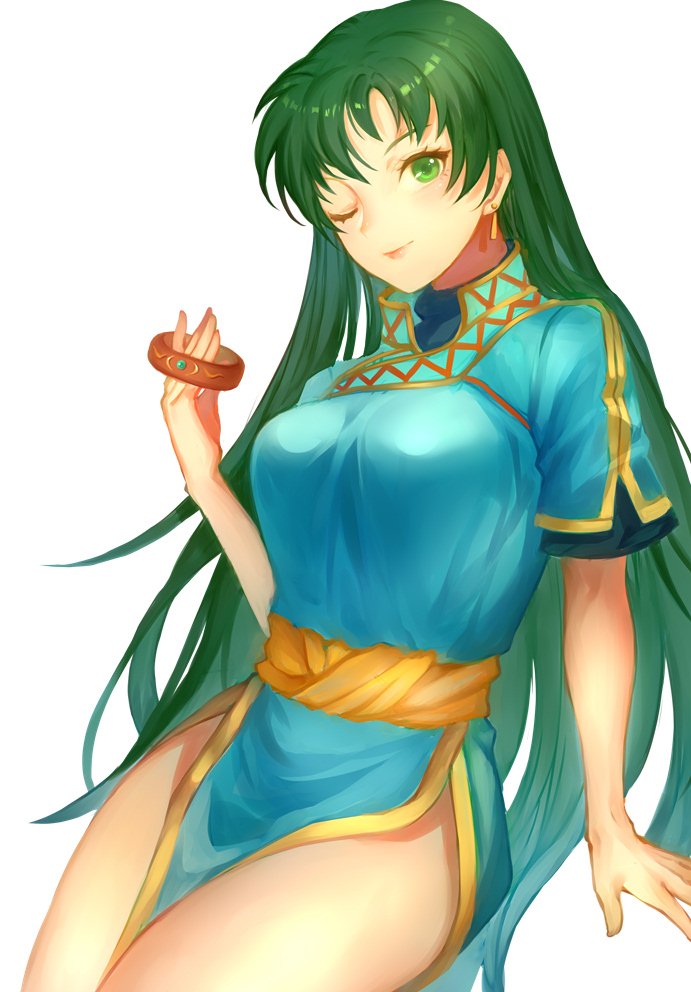 1girl breasts cape cute earrings fingerless_gloves fire_emblem fire_emblem:_rekka_no_ken gloves green_eyes green_hair hair_down intelligent_systems jewelry jurge long_hair lyndis_(fire_emblem) nintendo one_eye_closed pelvic_curtain side_slit solo super_smash_bros.