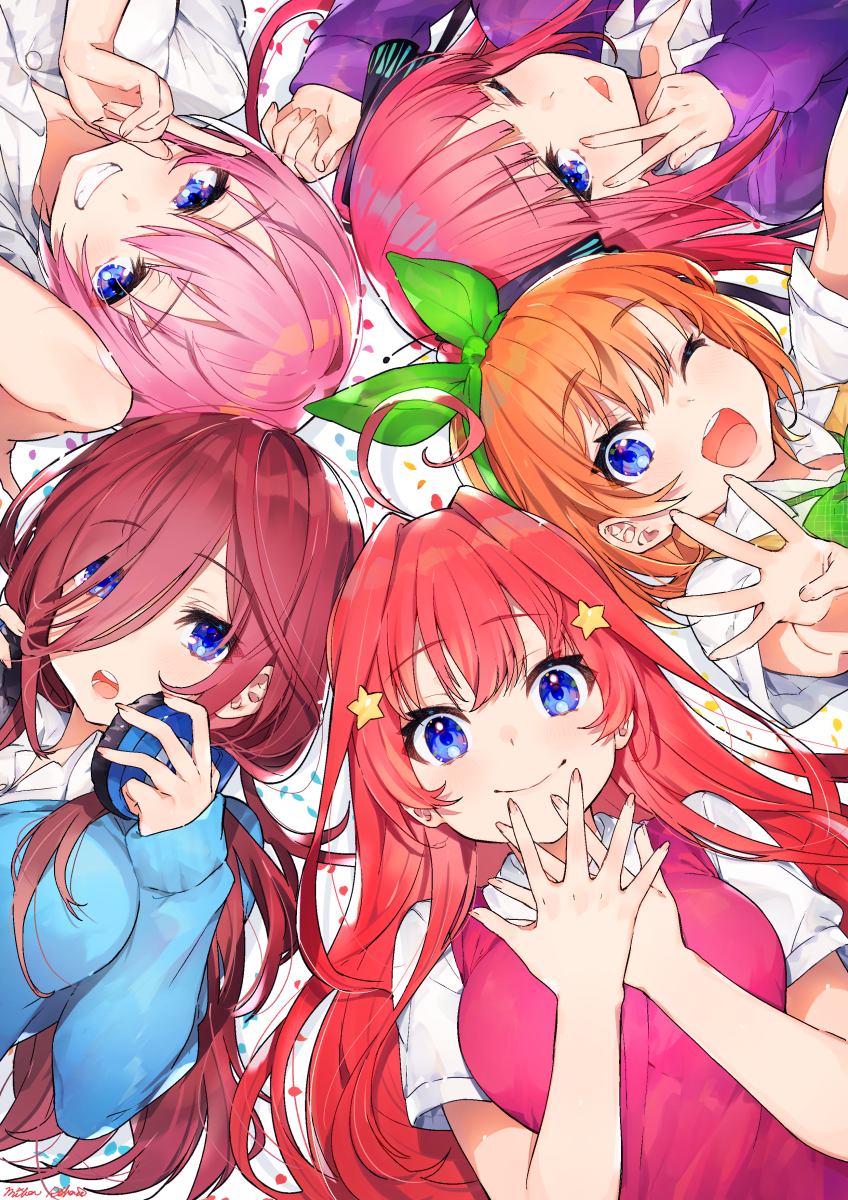 5girls ;d bangs black_ribbon blue_cardigan blue_eyes bow brown_hair cardigan circle_formation closed_mouth collared_shirt commentary_request eyebrows_visible_through_hair go-toubun_no_hanayome green_bow green_ribbon grin hair_between_eyes hair_over_one_eye hair_ribbon headphones headphones_around_neck highres jacket long_hair long_sleeves lying mika_pikazo multiple_girls nakano_ichika nakano_itsuki nakano_miku nakano_nino nakano_yotsuba on_back one_eye_closed open_mouth pink_hair purple_jacket redhead ribbon round_teeth shirt sleeves_past_wrists smile sweater_vest teeth upper_teeth white_shirt