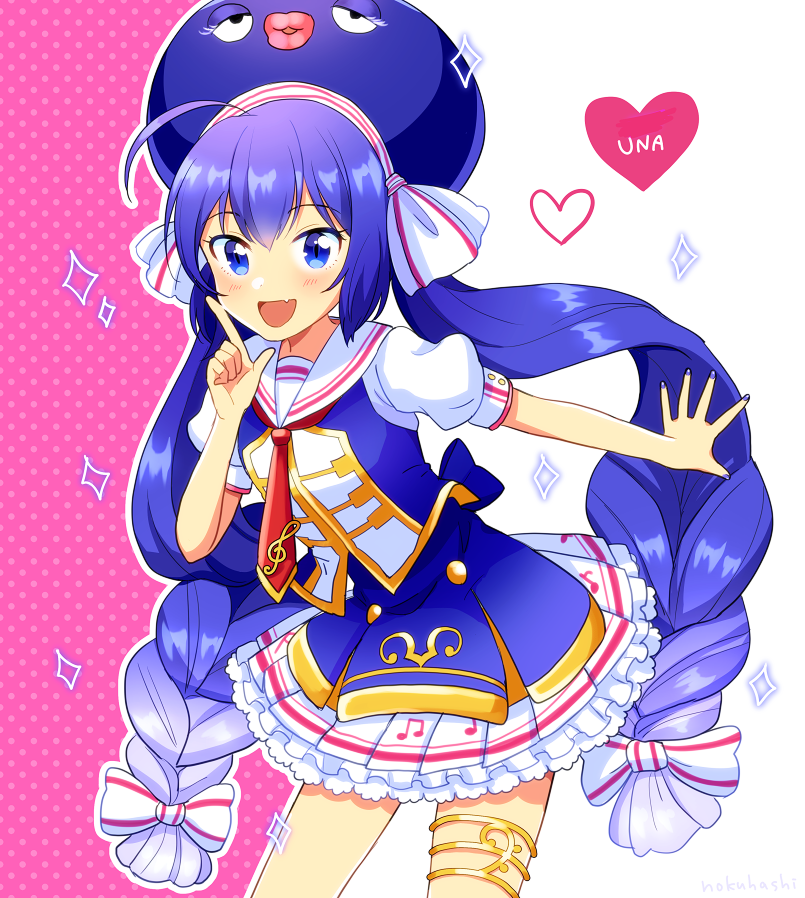 1girl beamed_eighth_notes blue_eyes blue_hair blue_shirt bow character_name commentary cowboy_shot eel_hat eighth_note fang frilled_skirt frills gradient_hair hair_bow hand_up heart index_finger_raised leaning_forward light_blush long_hair looking_at_viewer multicolored_hair musical_note musical_note_print nail_polish necktie nokuhashi otomachi_una outstretched_arm red_neckwear sailor_collar shirt short_sleeves skin_fang skirt smile solo sparkle thighlet treble_clef twintails very_long_hair vocaloid