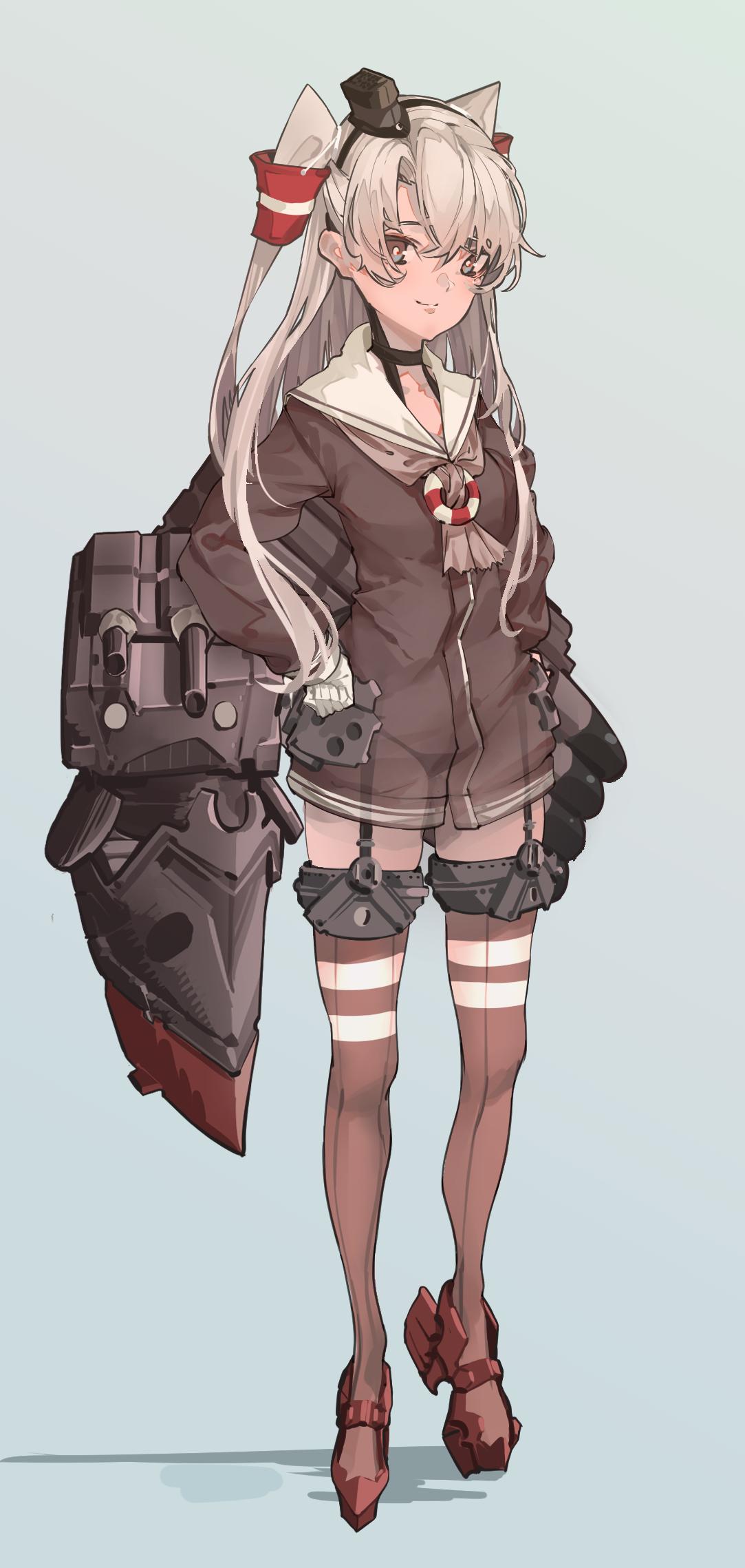 1girl 1other amatsukaze_(kantai_collection) blue_background brown_dress brown_eyes dress full_body garter_straps hair_tubes highres kantai_collection kazukingu lifebuoy long_hair looking_at_viewer red_legwear rensouhou-kun rudder_footwear sailor_dress short_dress silver_hair simple_background smile striped striped_legwear thigh-highs two_side_up windsock