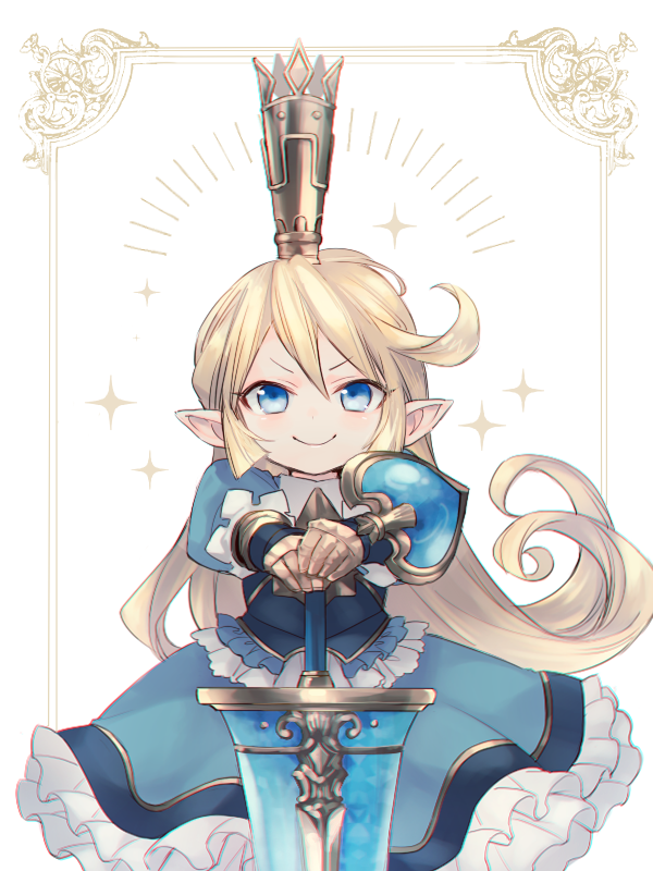 &gt;:) 1girl bangs blonde_hair blue_dress blue_eyes blush charlotta_fenia closed_mouth commentary_request crown dress eyebrows_visible_through_hair frilled_dress frills gauntlets granblue_fantasy hair_between_eyes hands_on_hilt harvin long_hair mini_crown pointy_ears puffy_short_sleeves puffy_sleeves shield short_sleeves smile smug solo sparkle sword umumumumu v-shaped_eyebrows very_long_hair weapon