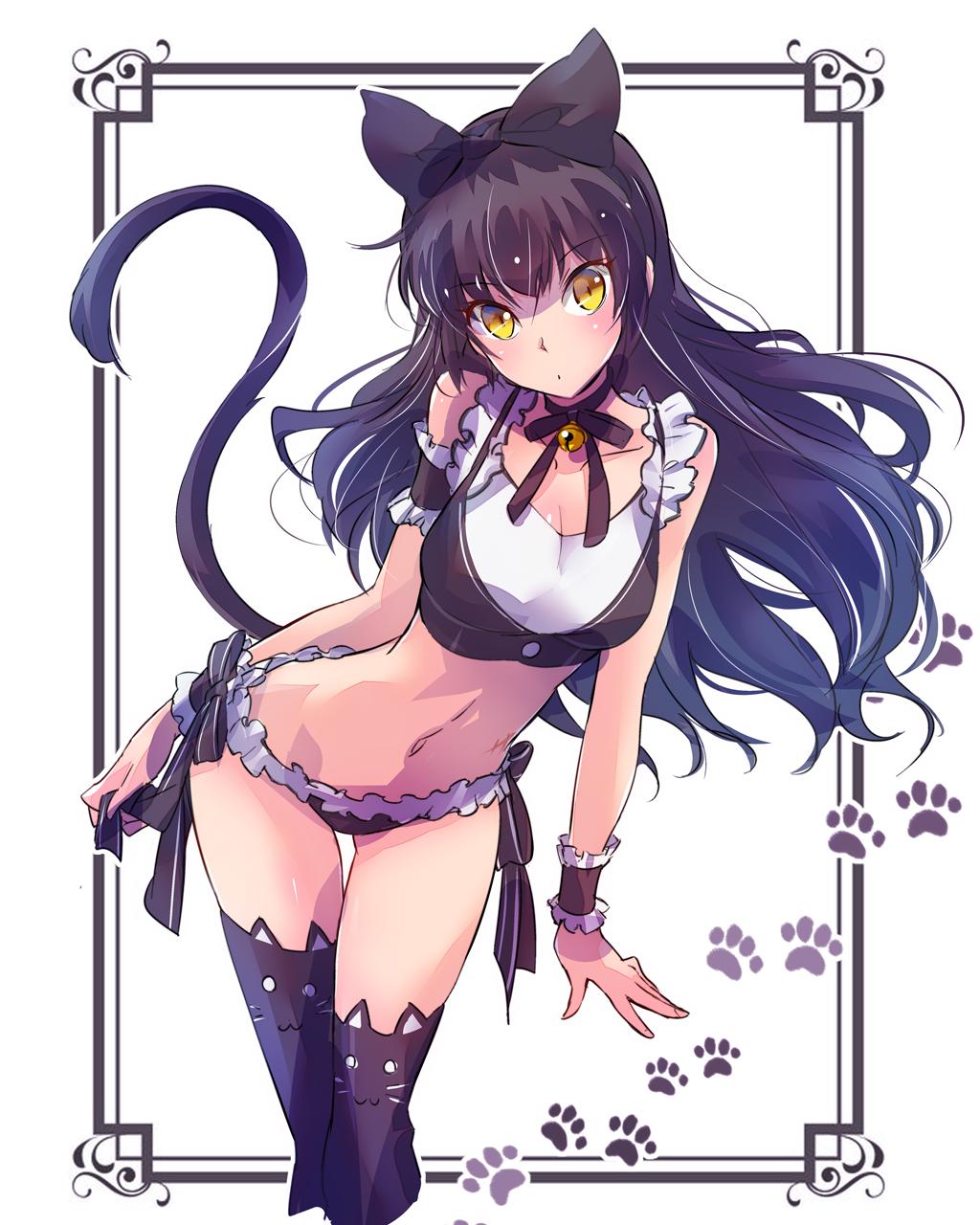 1girl alternate_costume bell bell_collar bikini bikini_bottom black_hair blake_belladonna bow breasts cat_tail collar enmaided frilled_bikini_bottom hair_bow highres iesupa long_hair maid midriff navel ribbon rwby side-tie_bikini solo swimsuit tail thigh-highs thigh_gap wrist_cuffs yellow_eyes