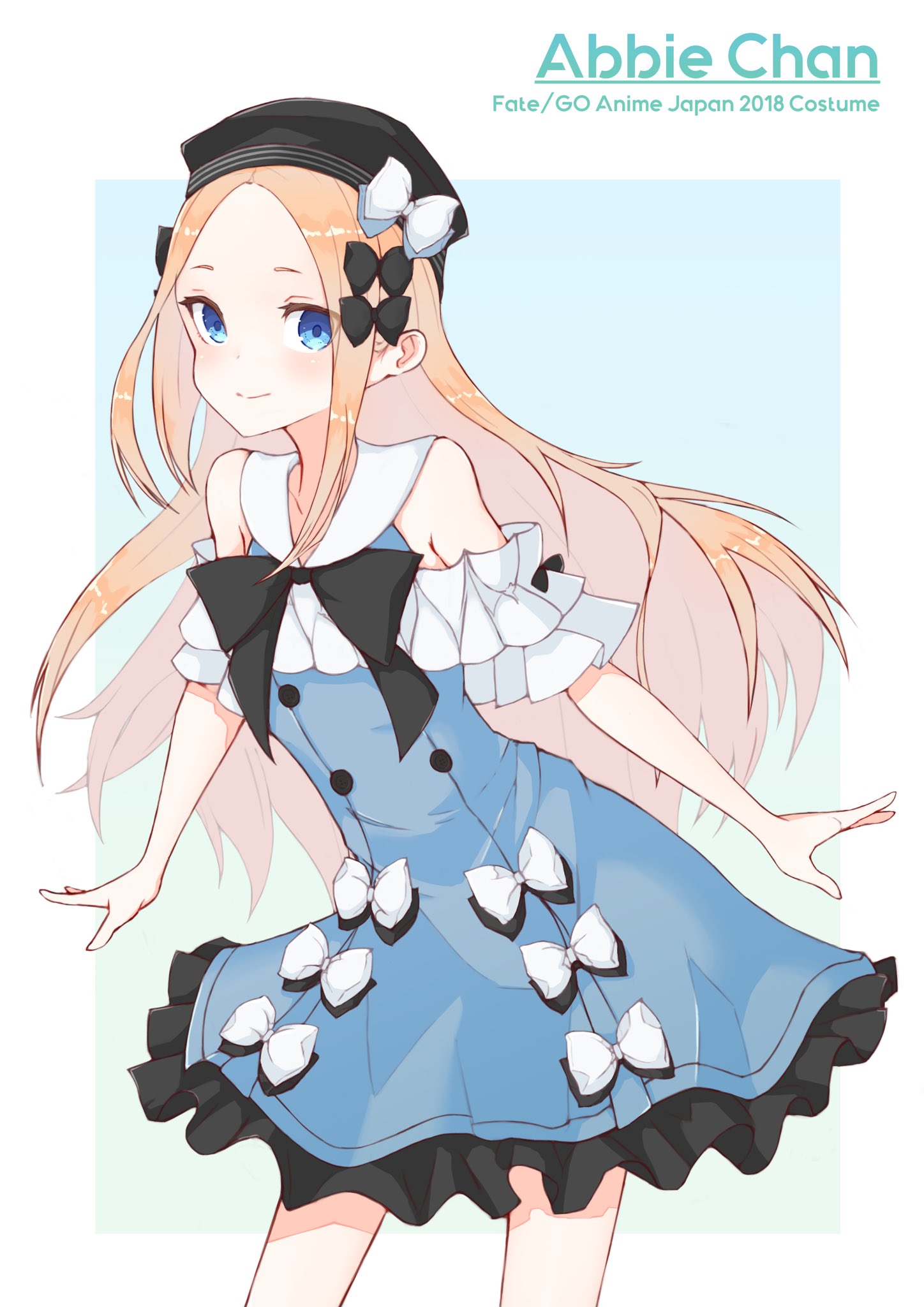 1girl 2018 abigail_williams_(fate/grand_order) bangs bare_shoulders black_bow black_headwear blonde_hair blue_background blue_dress blue_eyes blush bow character_name closed_mouth commentary_request copyright_name dress fate/grand_order fate_(series) forehead gradient gradient_background green_background hair_bow hat highres kopaka_(karda_nui) long_hair parted_bangs sleeveless sleeveless_dress smile solo very_long_hair white_background white_bow