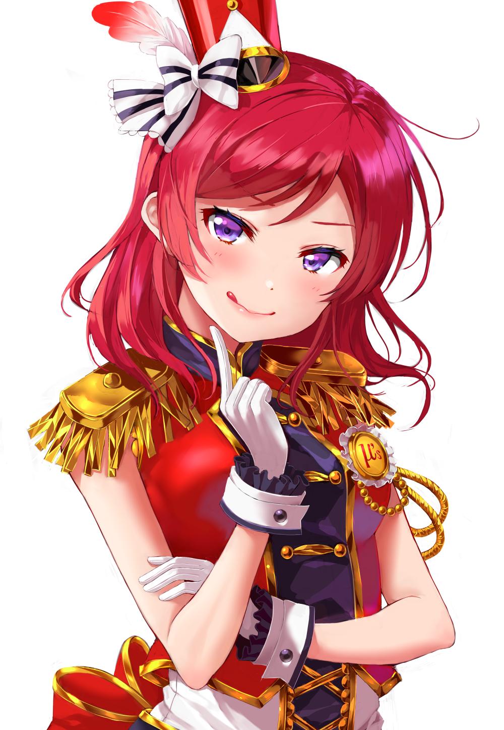 1girl :q back_bow band_uniform bow cross-laced_clothes epaulettes finger_to_chin gloves group_name hair_bow hat hat_feather highres index_finger_raised light_blush love_live! love_live!_school_idol_project medium_hair nishikino_maki red_feathers red_vest redhead shako_cap sleeveless solo striped striped_bow tongue tongue_out upper_body usamaru67pi vest violet_eyes white_background white_bow white_gloves wrist_cuffs