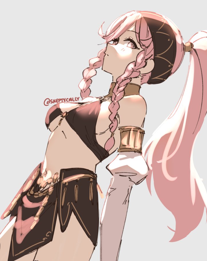 1girl artist_name bikini bikini_top black_bikini black_hairband black_skirt braid breasts closed_mouth commentary cowboy_shot dated_commentary detached_sleeves fire_emblem fire_emblem_awakening fire_emblem_heroes grey_background hairband long_hair looking_at_viewer navel official_alternate_costume olivia_(fire_emblem) pink_eyes pink_hair ponytail profile sideboob sidelocks simple_background skeptycally skirt small_breasts solo swimsuit twin_braids