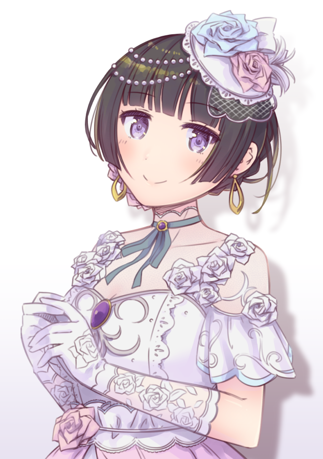 1girl ayasaka bang_dream! bangs black_ribbon blue_flower blue_rose brooch choker dress earrings elbow_gloves feathers flower gloves hair_feathers hair_up hands_together jewelry lace lace-trimmed_gloves looking_at_viewer pearl_hair_ornament pink_flower pink_rose ribbon ribbon_choker rose shirokane_rinko short_sleeves shoulder_cutout sidelocks smile solo upper_body violet_eyes wedding_dress white_background white_feathers white_flower white_gloves white_rose