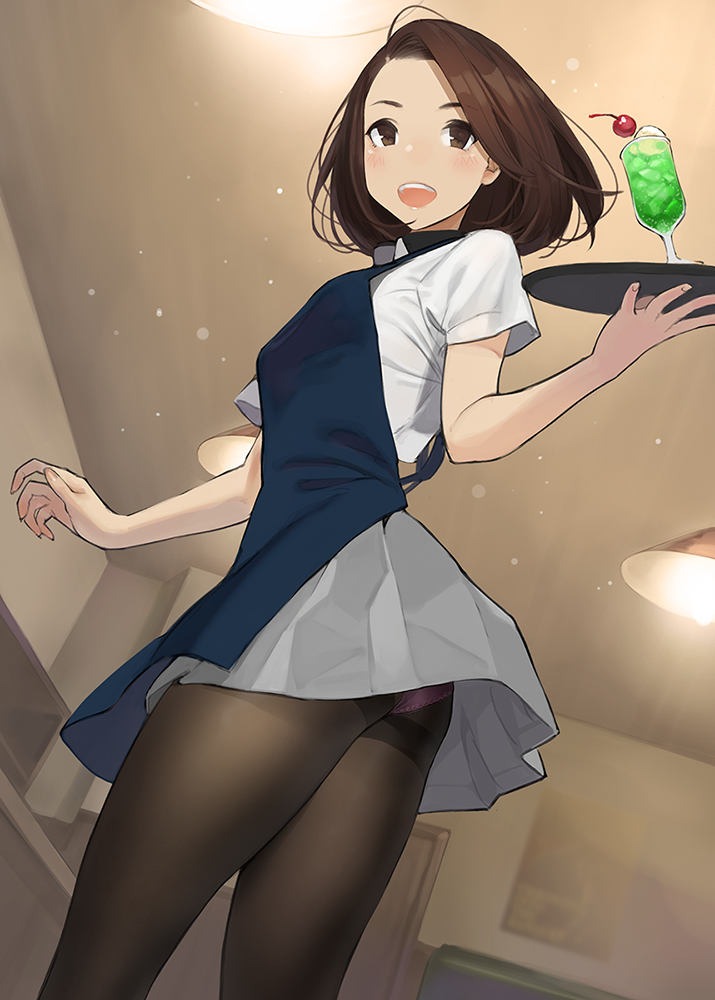 1girl :d apron bangs bob_cut breasts brown_eyes brown_hair dutch_angle indoors miru_tights open_mouth panties panties_under_pantyhose pantyhose parted_bangs pink_panties pleated_skirt short_hair skirt small_breasts smile solo thighband_pantyhose thighs tray underwear yomu_(sgt_epper)