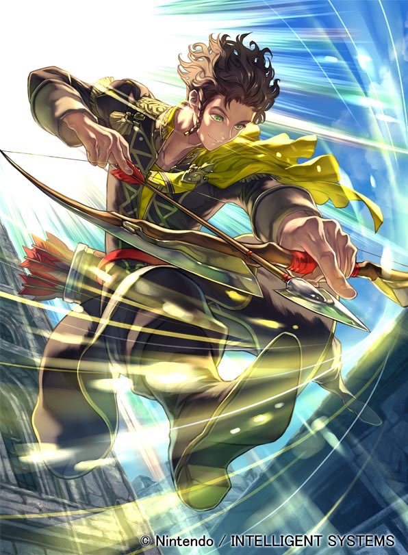 1boy arrow boots bow_(weapon) braid brown_hair capelet claude_von_regan_(fire_emblem) dark_skin fire_emblem fire_emblem:_three_houses fire_emblem_cipher green_eyes male_focus official_art quiver sky solo suzuki_rika weapon