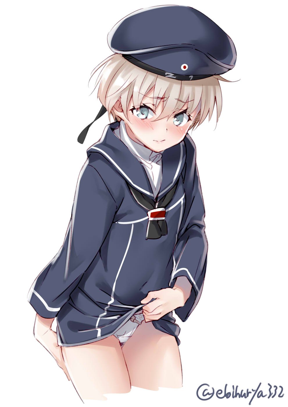 1girl anchor bangs blue_eyes closed_mouth clothes_writing cowboy_shot cropped_legs dress ebifurya eyebrows_visible_through_hair h hat highres kantai_collection leaning_forward lifted_by_self looking_at_viewer military military_hat military_uniform panties pantyshot pantyshot_(standing) sailor_collar sailor_dress sailor_hat short_hair silver_hair simple_background solo standing thighs twitter_username underwear uniform white_background white_panties z1_leberecht_maass_(kantai_collection)