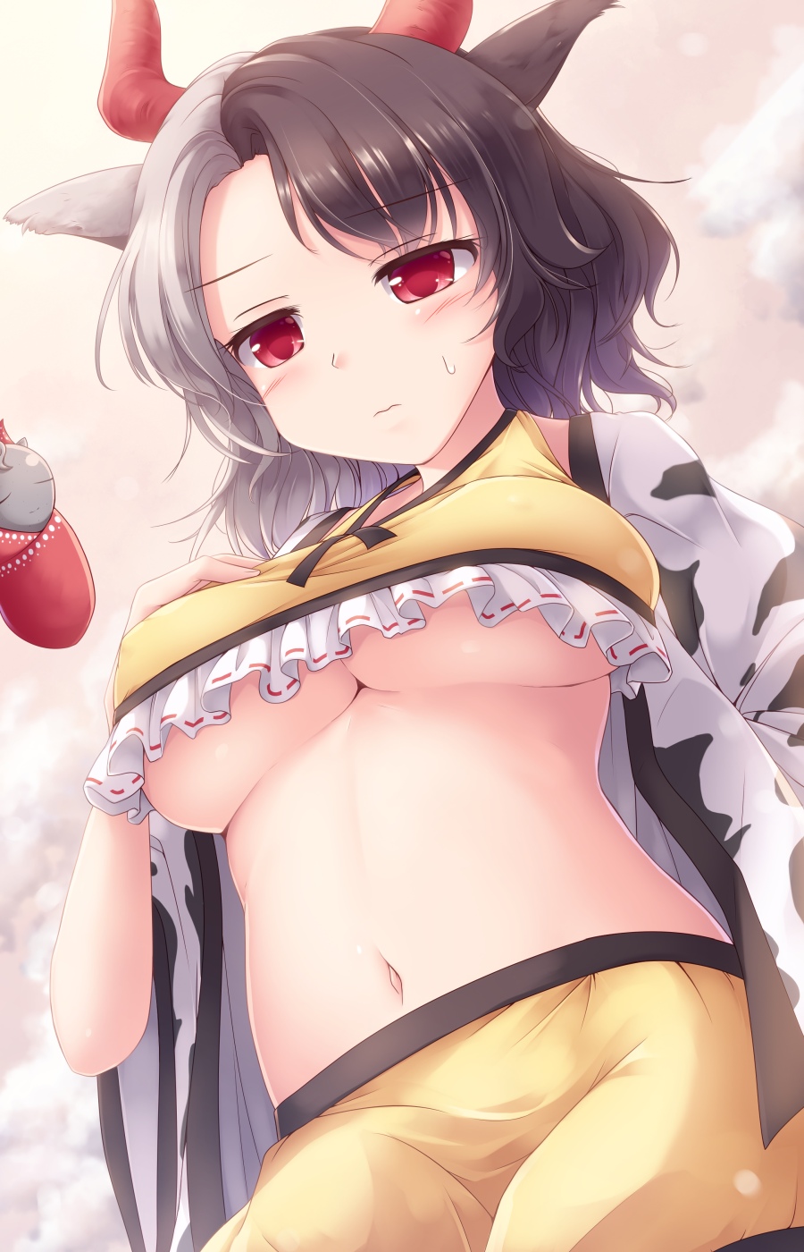 1girl 3: animal_ears animal_print bangs black_hair blush breasts clouds commentary_request cow_ears cow_horns cow_print cowboy_shot crop_top eyebrows_visible_through_hair frills hand_on_own_chest haori highres horns japanese_clothes large_breasts long_sleeves looking_at_viewer lzh midriff multicolored_hair navel red_eyes short_hair shorts silver_hair solo stomach sweat touhou two-tone_hair under_boob ushizaki_urumi wide_sleeves yellow_shorts