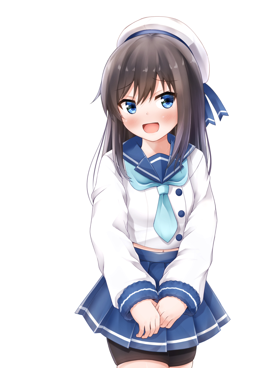 1girl asashio_(kantai_collection) bike_shorts black_hair blue_eyes blue_neckwear blue_ribbon blue_sailor_collar blue_skirt breasts buttons comiching cosplay etorofu_(kantai_collection) etorofu_(kantai_collection)_(cosplay) eyebrows_visible_through_hair gloves hair_between_eyes hat highres kantai_collection long_hair long_sleeves looking_at_viewer neckerchief open_mouth pleated_skirt ribbon sailor_collar sailor_hat school_uniform serafuku shorts shorts_under_skirt simple_background skirt small_breasts smile solo standing white_background white_headwear