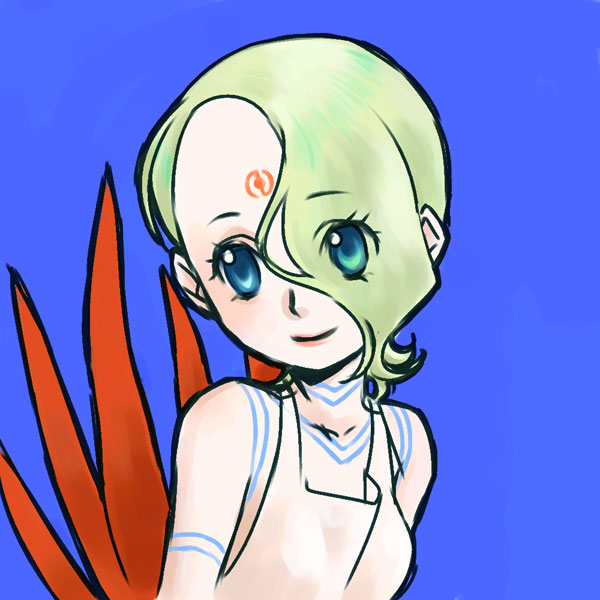 1girl blue_eyes breasts breath_of_fire breath_of_fire_v closed_mouth commentary_request dress facial_mark full_body_tattoo green_hair hair_over_one_eye looking_at_viewer nina_(breath_of_fire_v) red_wings short_hair simple_background smile solo syari18192 tattoo white_dress wings