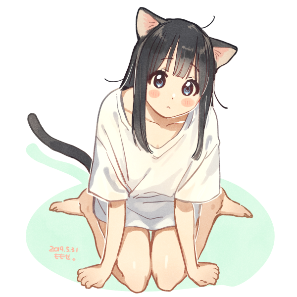 1girl animal_ears black_hair blush_stickers cat_ears cat_girl cat_tail collarbone colored_shadow commentary_request dated full_body head_tilt long_hair momose_(oqo) naked_shirt original shadow shirt short_sleeves sidelocks signature sitting solo tail wariza white_background white_shirt