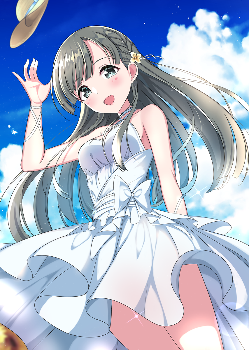 1girl :d arm_up bangs bare_shoulders blue_sky blush bow braid breasts brown_hair brown_headwear clouds cloudy_sky commentary_request day dress eyebrows_visible_through_hair flower green_eyes hair_flower hair_ornament hat hat_removed headwear_removed highres idolmaster idolmaster_cinderella_girls kobayakawa_sae long_hair looking_at_viewer medium_breasts open_mouth outdoors sky sleeveless sleeveless_dress smile solo summer sun_hat sutoroa very_long_hair white_bow white_dress yellow_flower