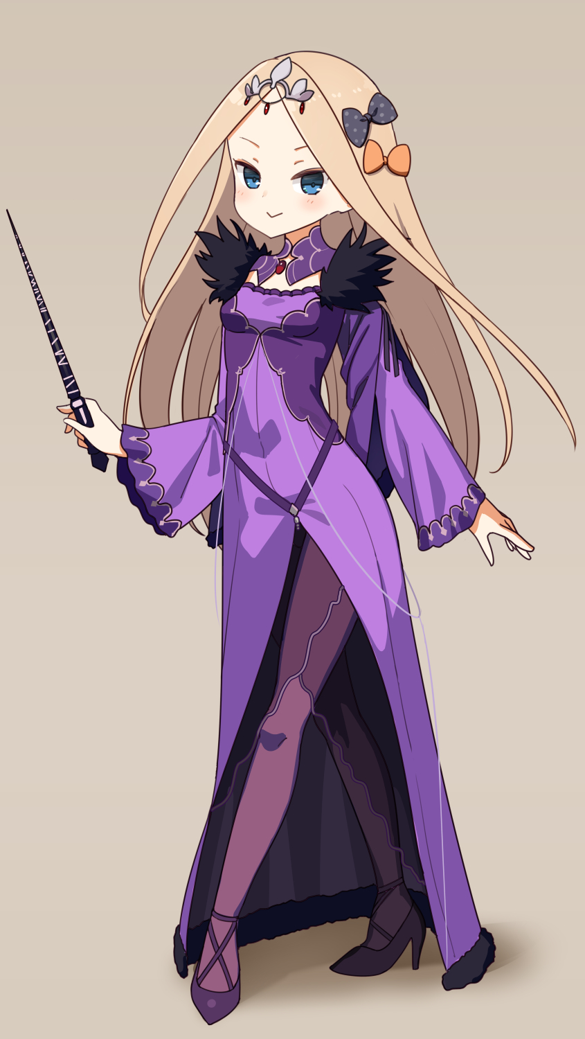 1girl :&gt; abigail_williams_(fate/grand_order) bangs bell_(oppore_coppore) black_bow blonde_hair blue_eyes blush bow breasts brown_background closed_mouth commentary_request cosplay dress fate/grand_order fate_(series) full_body fur-trimmed_dress fur_trim hair_bow headpiece high_heels highres holding holding_wand long_hair long_sleeves orange_bow pantyhose parted_bangs polka_dot polka_dot_bow purple_dress purple_footwear purple_legwear scathach_(fate)_(all) scathach_skadi_(fate/grand_order) scathach_skadi_(fate/grand_order)_(cosplay) see-through shoes short_hair simple_background sleeves_past_wrists small_breasts smile solo standing v-shaped_eyebrows very_long_hair wand wide_sleeves
