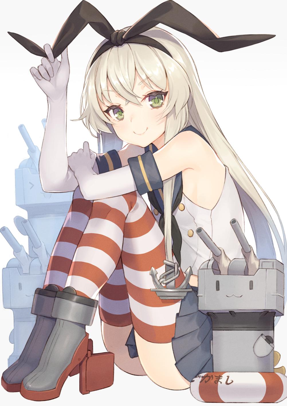 1girl 3others anchor_hair_ornament black_hairband black_neckwear black_panties blonde_hair blue_sailor_collar blue_skirt crop_top elbow_gloves full_body gi_(melmail) gloves grey_eyes hair_ornament hairband highleg highleg_panties highres kantai_collection long_hair looking_at_viewer microskirt miniskirt multiple_others neckerchief panties rensouhou-chan sailor_collar shimakaze_(kantai_collection) simple_background skirt smile striped striped_legwear thigh-highs underwear white_background white_gloves