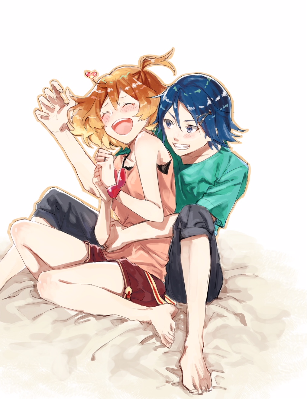 1boy 1girl :d barefoot bed_sheet black_pants blonde_hair blue_eyes blue_hair brown_hair closed_eyes collarbone couple freyja_wion green_shirt hair_between_eyes hair_ornament hayate_immelmann heart heart_hair_ornament highres jewelry macross macross_delta multicolored_hair open_mouth pants pink_shirt pote-mm red_shorts ring shiny shiny_hair shirt short_hair short_shorts short_sleeves shorts simple_background sitting sleeveless sleeveless_shirt smile two-tone_hair white_background