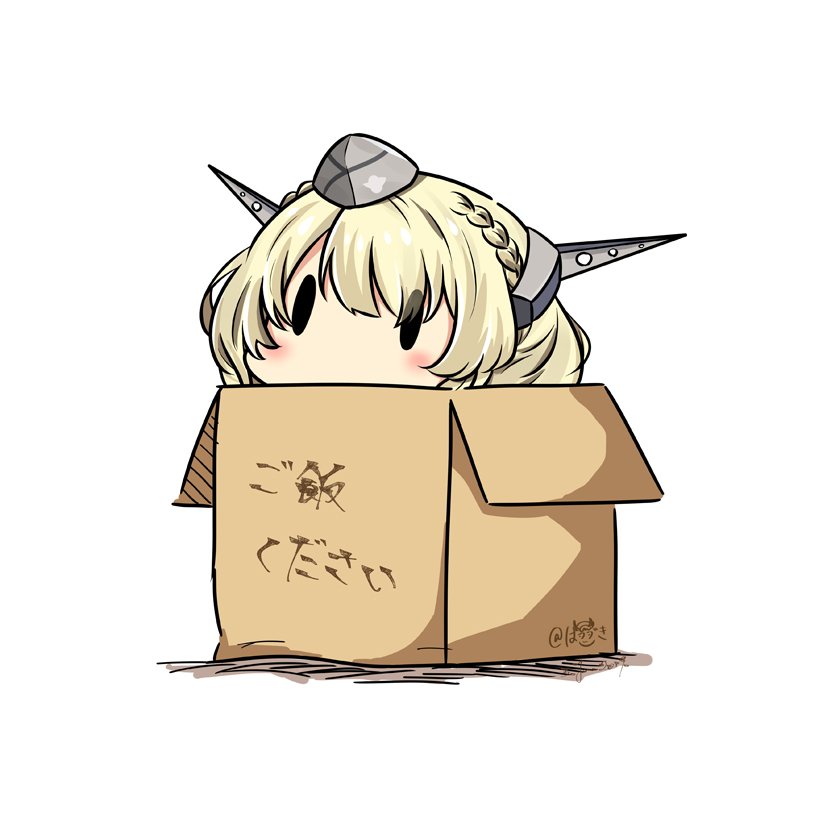 1girl blonde_hair box cardboard_box colorado_(kantai_collection) dated garrison_cap grey_headwear hat hatsuzuki_527 headgear in_box in_container kantai_collection short_hair side_braids simple_background solid_oval_eyes solo translated twitter_username white_background