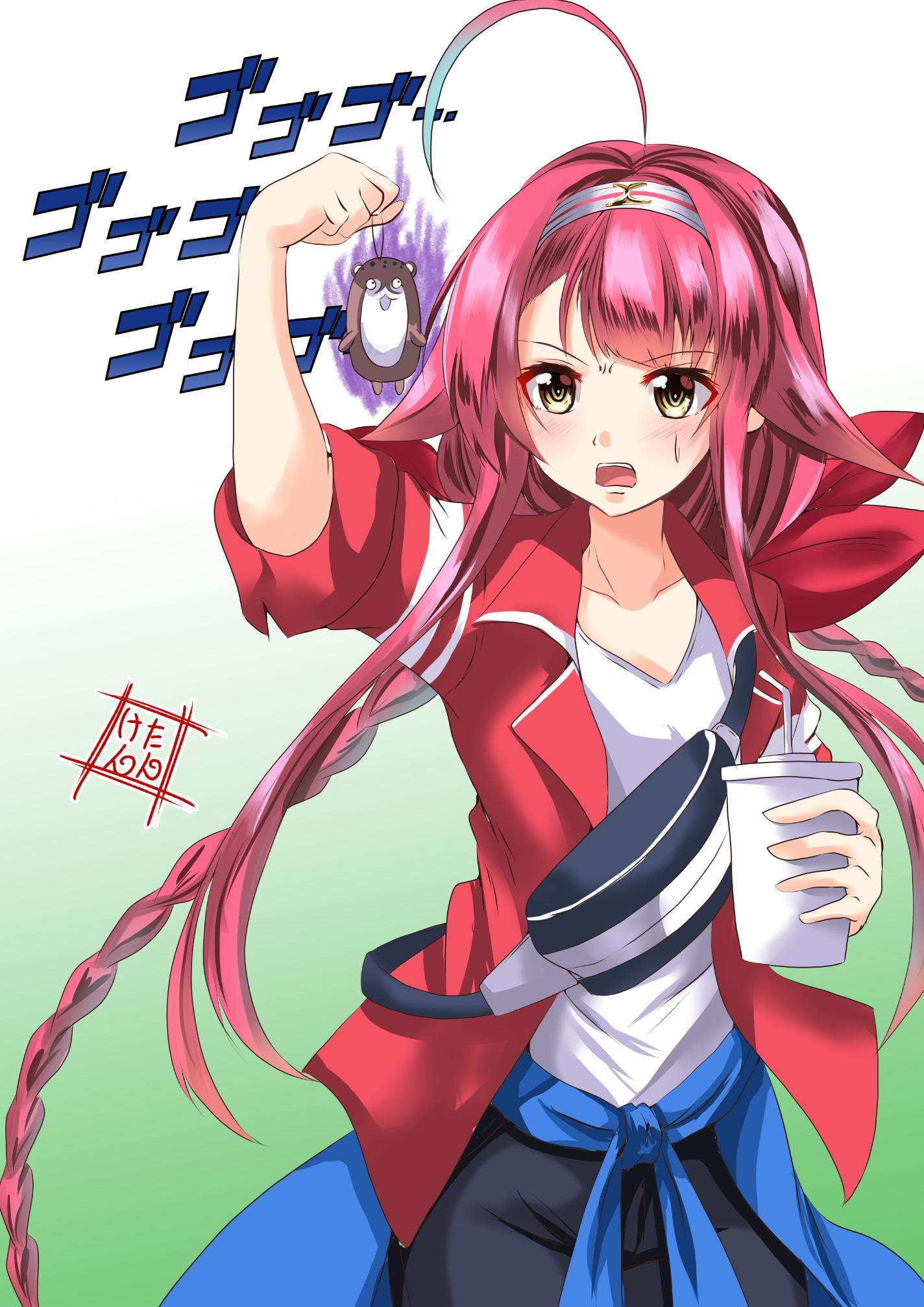 1girl ahoge alternate_costume asymmetrical_bangs aura bangs belt_bag blue_jacket bokukawauso braid clothes_around_waist commentary_request drink gradient gradient_background green_background hair_flaps hair_ribbon hairband highres jacket jacket_around_waist kantai_collection kawakaze_(kantai_collection) kentan_(kingtaiki) keychain long_hair low_twintails red_jacket redhead remodel_(kantai_collection) ribbon shirt sidelocks solo twin_braids twintails very_long_hair white_shirt yellow_eyes