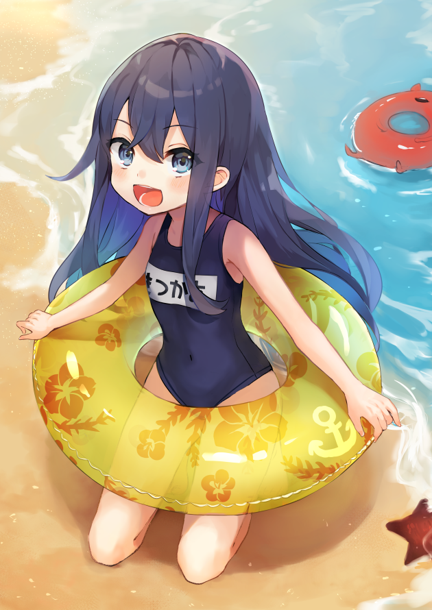 1girl akatsuki_(kantai_collection) anchor bangs beach blue_eyes blue_hair blush enemy_lifebuoy_(kantai_collection) eyebrows_visible_through_hair flower innertube kantai_collection long_hair looking_at_viewer mitamgr name_tag navel one-piece_swimsuit open_mouth sand school_swimsuit seiza shinkaisei-kan sitting solo_focus starfish swimsuit water