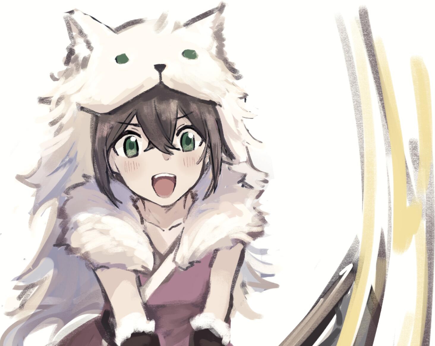 1girl artist_request bear brown_hair fur_trim green_eyes jewelry long_hair octopath_traveler open_mouth roaring short_hair simple_background smile solo sword tressa_(octopath_traveler) weapon white_background