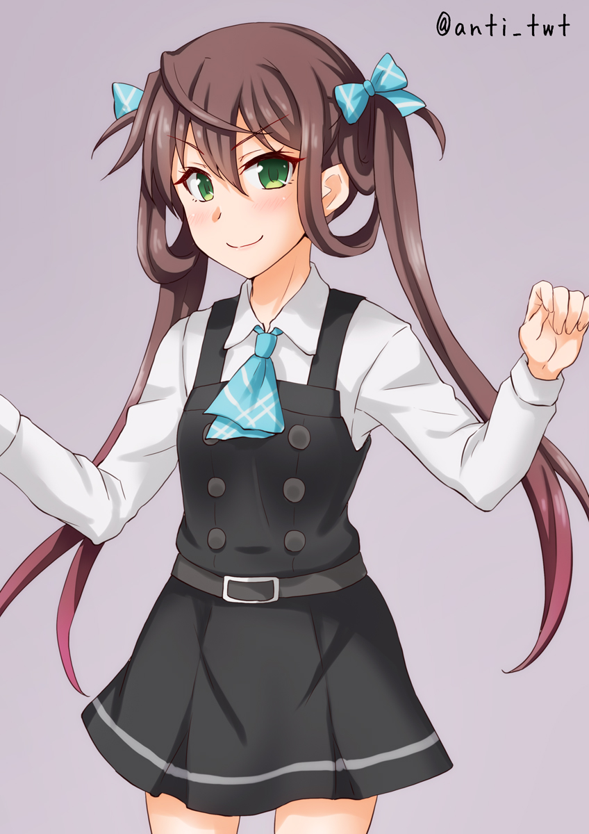 1girl adapted_costume anti_(untea9) asagumo_(kantai_collection) brown_hair commentary_request cowboy_shot dress green_eyes grey_background hair_ribbon highres kantai_collection long_hair long_sleeves looking_at_viewer original_remodel_(kantai_collection) pinafore_dress ribbon shirt simple_background smile solo twintails twitter_username white_shirt