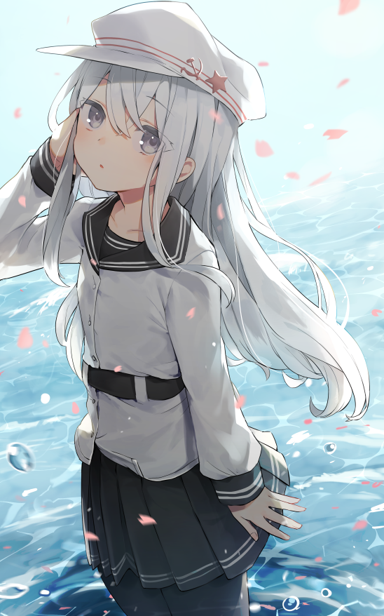 1girl :o bangs belt black_legwear blush buttons eyebrows_visible_through_hair flat_cap grey_eyes hammer_and_sickle hat hibiki_(kantai_collection) kantai_collection long_hair long_sleeves mitamgr open_mouth outdoors pantyhose petals pleated_skirt school_uniform serafuku silver_hair skirt sky solo star verniy_(kantai_collection) water white_headwear