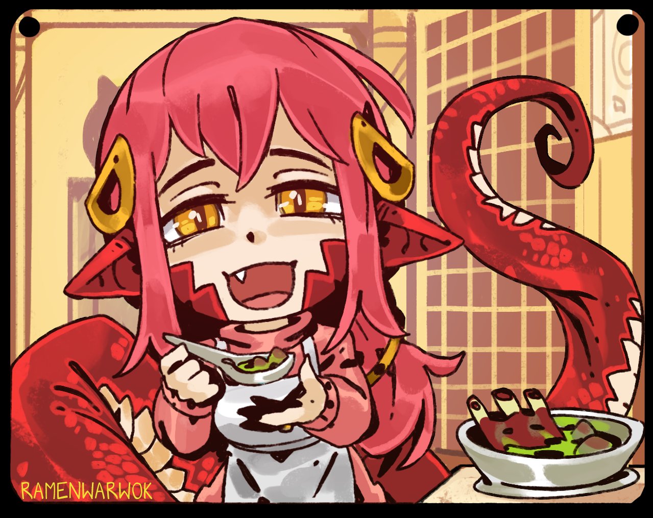 1girl :d apron bangs black_border bone border bowl breasts chibi dress fang feeding food hair_between_eyes hair_ornament hairclip happy holding holding_spoon incoming_food lamia long_hair long_sleeves looking_at_viewer miia_(monster_musume) monster_girl monster_musume_no_iru_nichijou open_mouth pointy_ears pov pov_feeding ramenwarwok redhead scales slit_pupils smile solo spoon sweater sweater_dress tail upper_body yellow_eyes