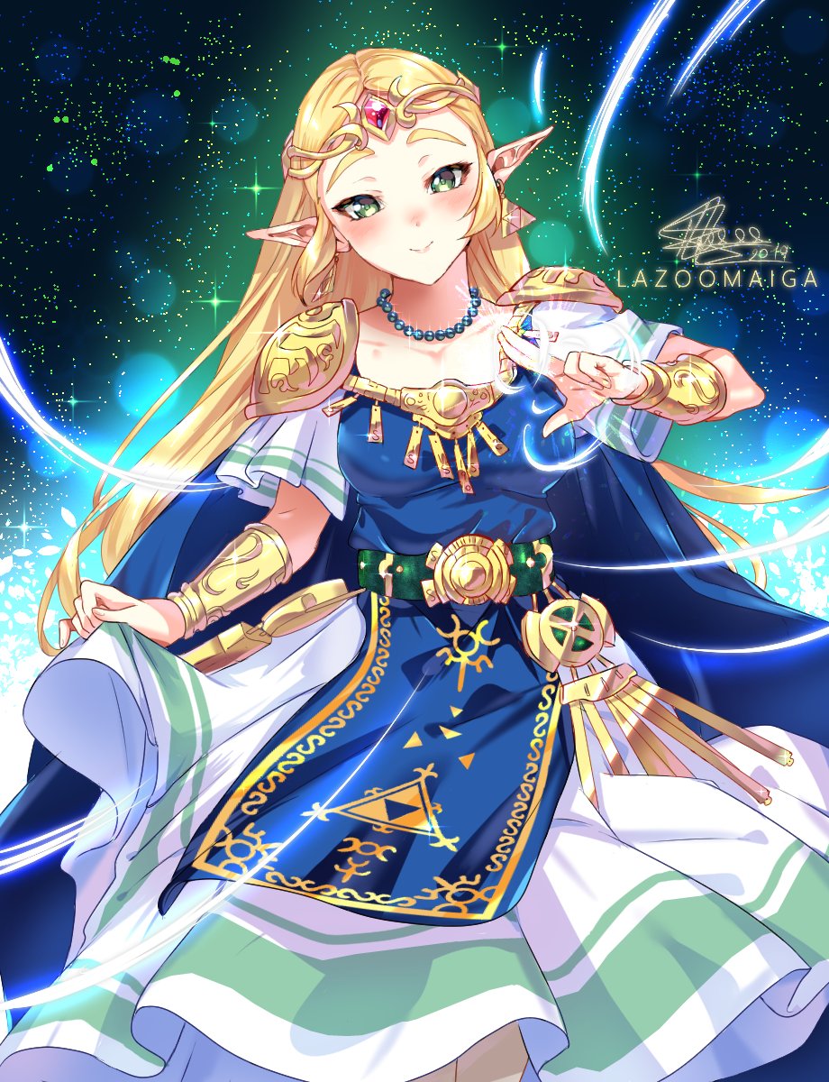 1girl bead_necklace beads blonde_hair blue_eyes blush bracer cape circlet cosplay dress earrings forehead_jewel gloves gown highres jewelry lazoomaiga long_hair looking_at_viewer necklace nintendo pointy_ears princess_zelda simple_background smile solo super_smash_bros. the_legend_of_zelda the_legend_of_zelda:_a_link_between_worlds the_legend_of_zelda:_breath_of_the_wild tiara triforce