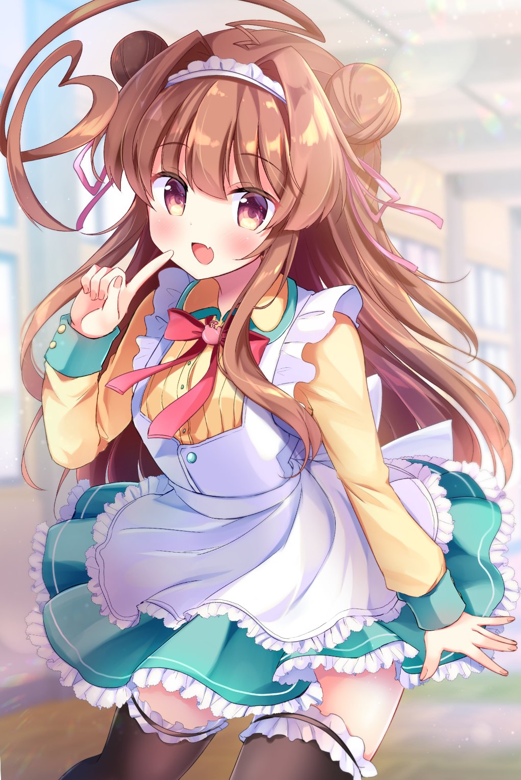 1girl ahoge alternate_costume apron bangs black_legwear blue_skirt blush brown_eyes brown_hair double_bun eyebrows_visible_through_hair fang frilled_apron frilled_skirt frills hair_ribbon heart_ahoge highres huge_ahoge indoors kantai_collection kuma_(kantai_collection) long_hair long_sleeves maid maid_headdress masayo_(gin_no_ame) neck_ribbon open_mouth red_ribbon ribbon shirt skin_fang skirt smile solo thigh-highs white_apron yellow_shirt