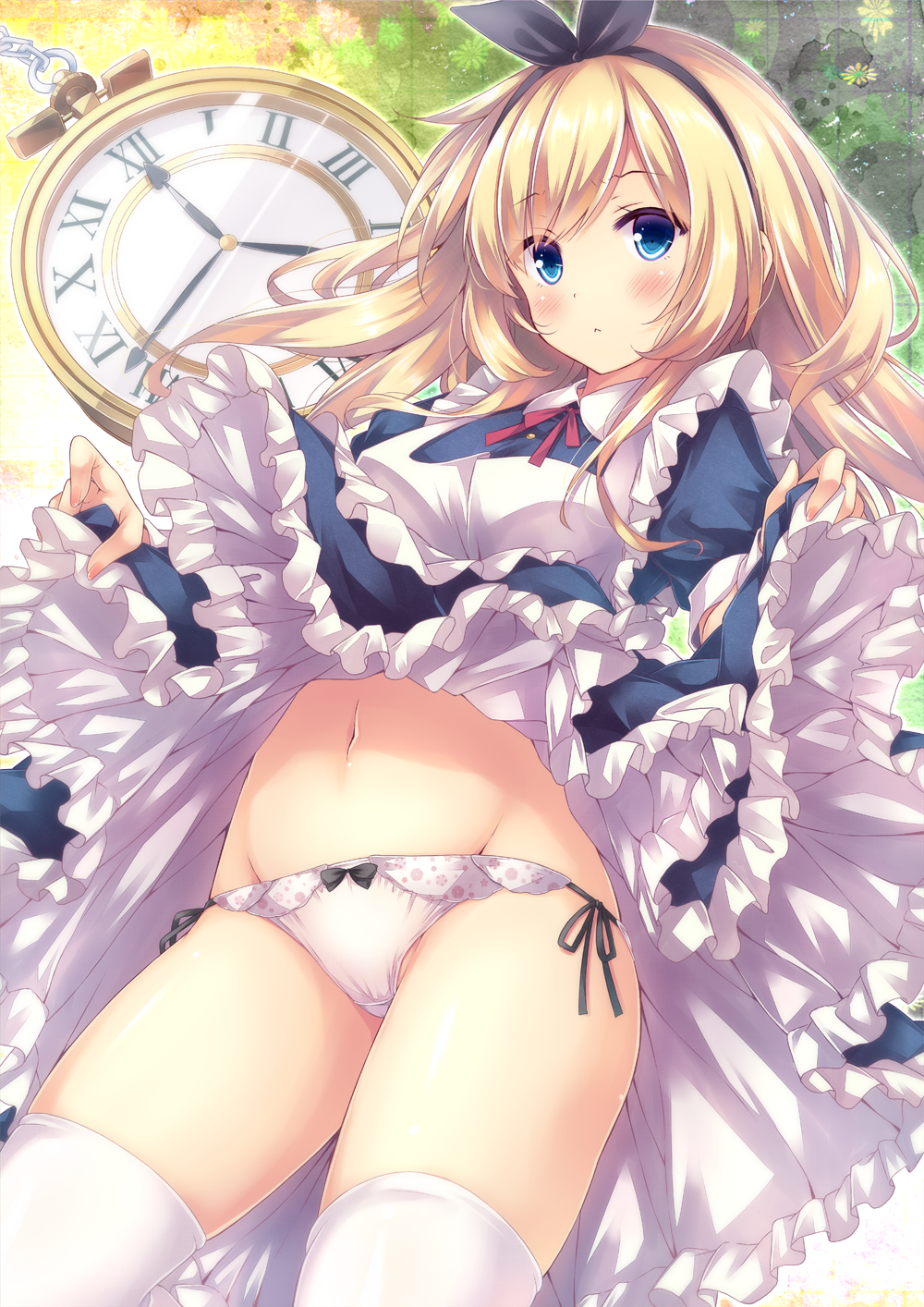 1girl alice_(wonderland) blonde_hair blue_dress blue_eyes blush closed_mouth commentary_request cowboy_shot crotch_seam dress dress_lift frilled_dress frills groin hairband highres long_hair looking_at_viewer navel neck_ribbon original panties pocket_watch puffy_short_sleeves puffy_sleeves red_neckwear ribbon ryo short_sleeves side-tie_panties solo standing stomach thigh-highs thighs underwear watch white_legwear white_panties wing_collar
