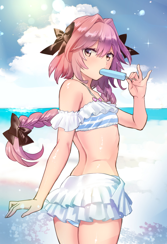 1boy ass astolfo_(fate) bangs bare_shoulders bikini bikini_skirt black_bow blue_sky bow braid clouds cloudy_sky commentary_request day eyebrows_visible_through_hair fate/grand_order fate_(series) food frills from_behind hair_between_eyes hair_bow hair_intakes hair_ribbon in_mouth long_hair looking_at_viewer male_focus multicolored_hair ooshima_aki open_mouth otoko_no_ko outdoors pink_bow pink_hair popsicle ribbon single_braid sky smile solo standing streaked_hair striped striped_bikini sun swimsuit violet_eyes