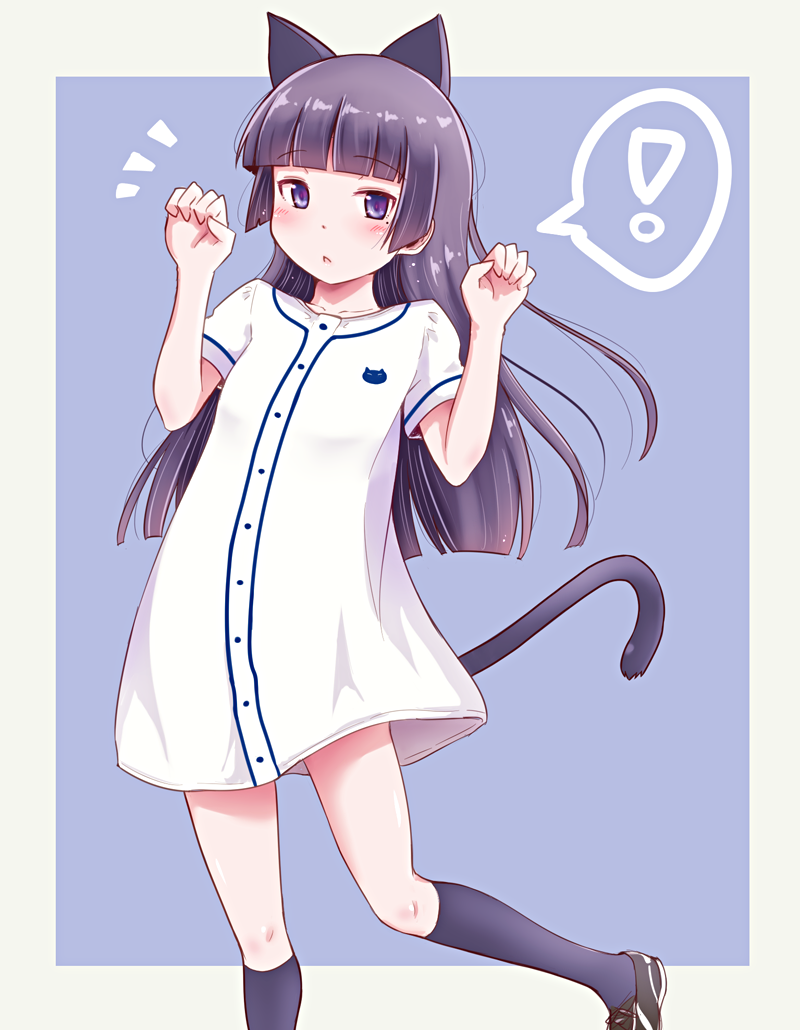 ! /\/\/\ 1girl animal_ears black_footwear black_hair black_legwear blue_background border cat_ears cat_tail dress feet_out_of_frame gokou_ruri herunin kneehighs long_hair looking_at_viewer mole mole_under_eye ore_no_imouto_ga_konna_ni_kawaii_wake_ga_nai paw_pose solo spoken_exclamation_mark tail violet_eyes white_border white_dress