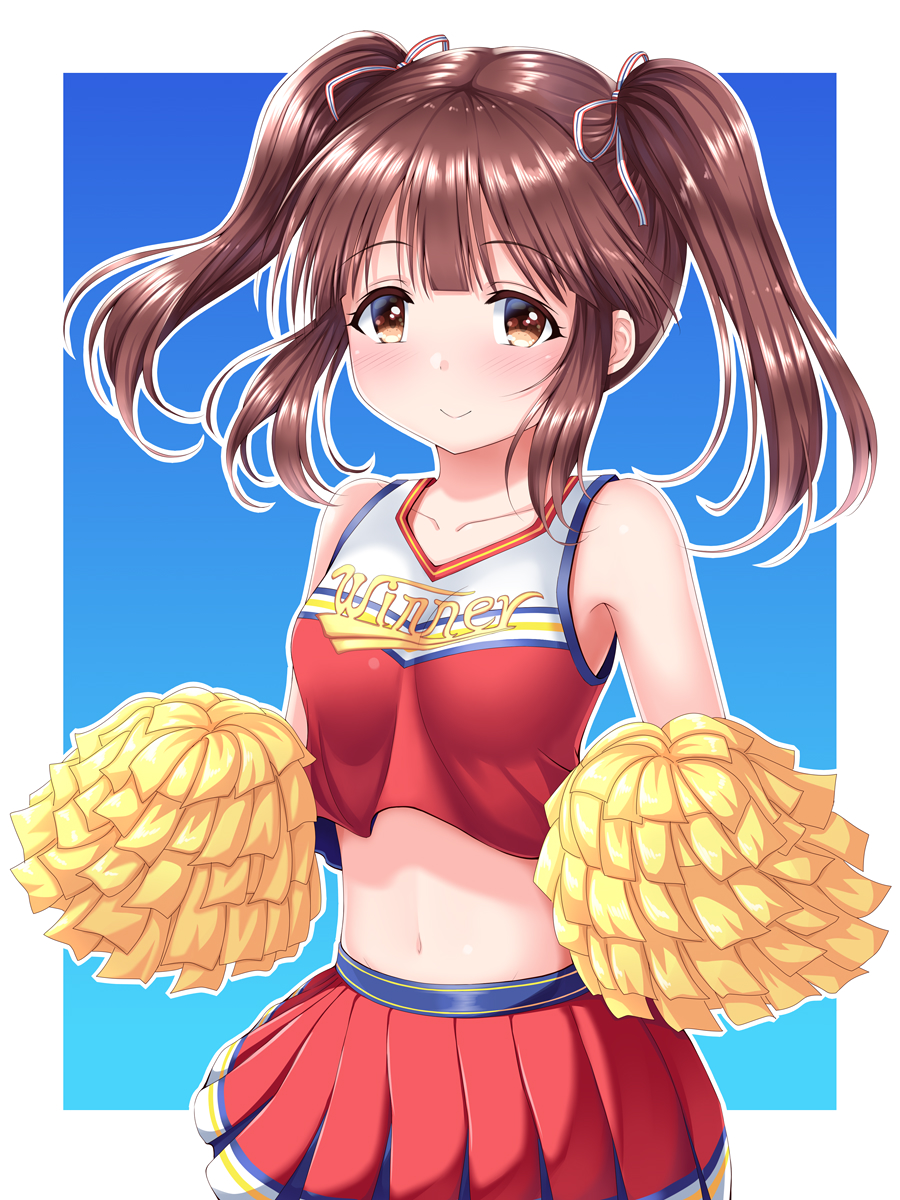 1girl bangs bare_shoulders blue_background blush breasts brown_eyes brown_hair closed_mouth commentary_request crop_top eyebrows_visible_through_hair hair_ribbon highres holding idolmaster idolmaster_cinderella_girls long_hair midriff navel ogata_chieri pleated_skirt pom_poms red_skirt red_tank_top ribbon sidelocks skirt small_breasts smile solo striped striped_ribbon tank_top twintails two-tone_background u2_(5798239) white_background