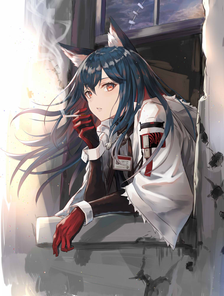 1girl alternate_costume animal_ear_fluff animal_ears arknights bangs black_hair brown_eyes cigarette commentary_request gloves hair_between_eyes hand_up holding holding_cigarette id_card jacket long_hair long_sleeves looking_at_viewer nabeshima_tetsuhiro parted_lips red_gloves solo texas_(arknights) upper_body white_jacket wide_sleeves window wolf_ears