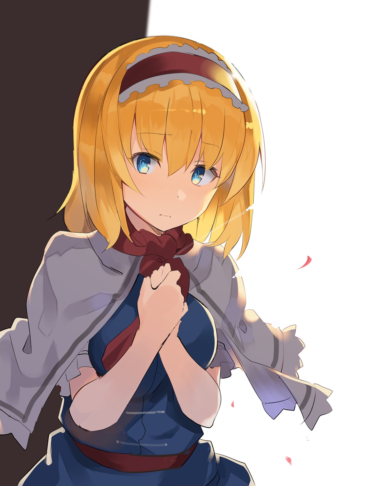 1girl alice_margatroid bangs blonde_hair blue_dress blue_eyes breasts brown_background capelet commentary_request dress eyebrows_visible_through_hair hair_between_eyes hairband hands_up highres lolita_hairband looking_at_viewer medium_breasts own_hands_together petals red_hairband red_neckwear red_sash rin_falcon sash short_hair solo touhou two-tone_background upper_body white_background white_capelet