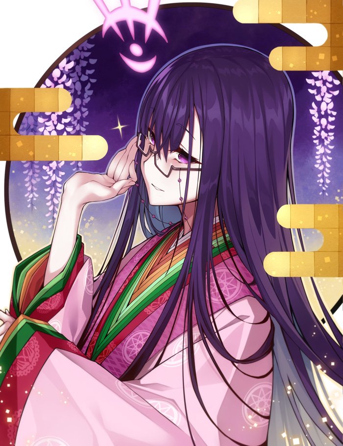 1girl adjusting_eyewear fate/grand_order fate_(series) floral_background glasses japanese_clothes kimono kodama_yuu layered_clothing layered_kimono long_hair murasaki_shikibu_(fate) purple_hair violet_eyes
